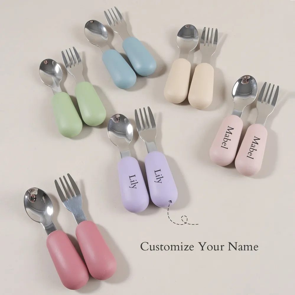 Custom Name Baby simple  Stainless Steel Spoon Fork Set | First Self Feeding Utensils for Toddlers  Weaning Set thumbnail 2