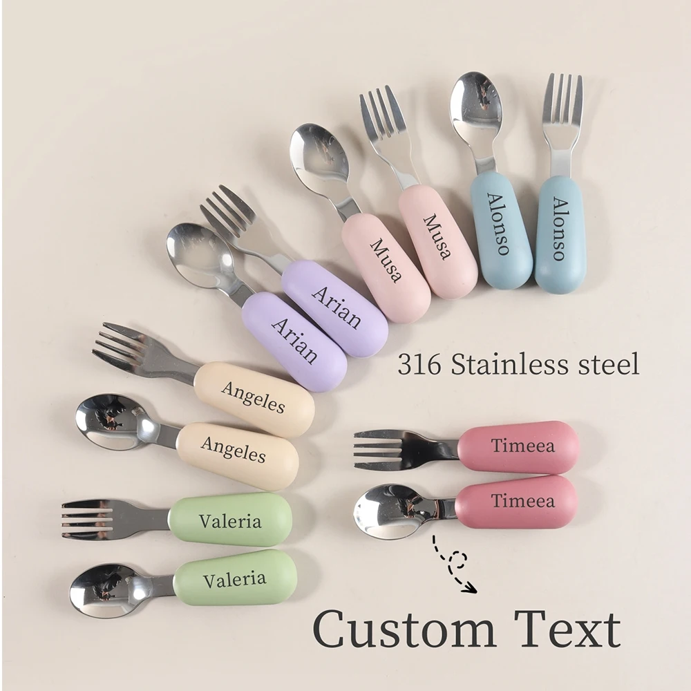 Custom Name Baby simple  Stainless Steel Spoon Fork Set | First Self Feeding Utensils for Toddlers  Weaning Set