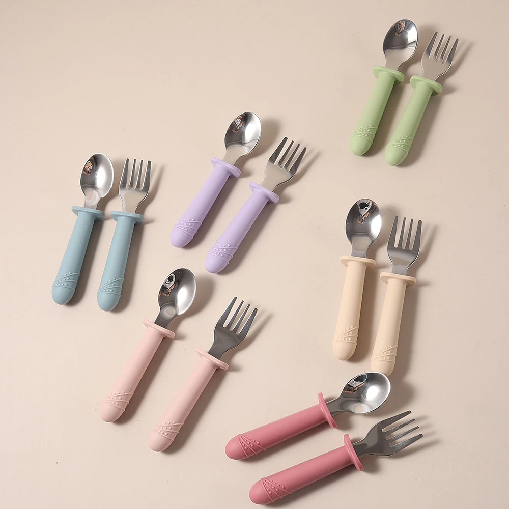 2025 food grade silicone spoon fork set  baby training learning tableware stainless steel long handle