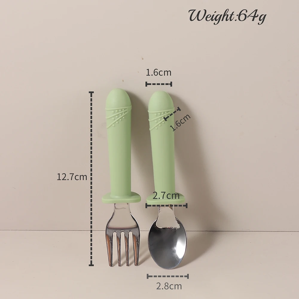 2025 food grade silicone spoon fork set  baby training learning tableware stainless steel long handle thumbnail 6