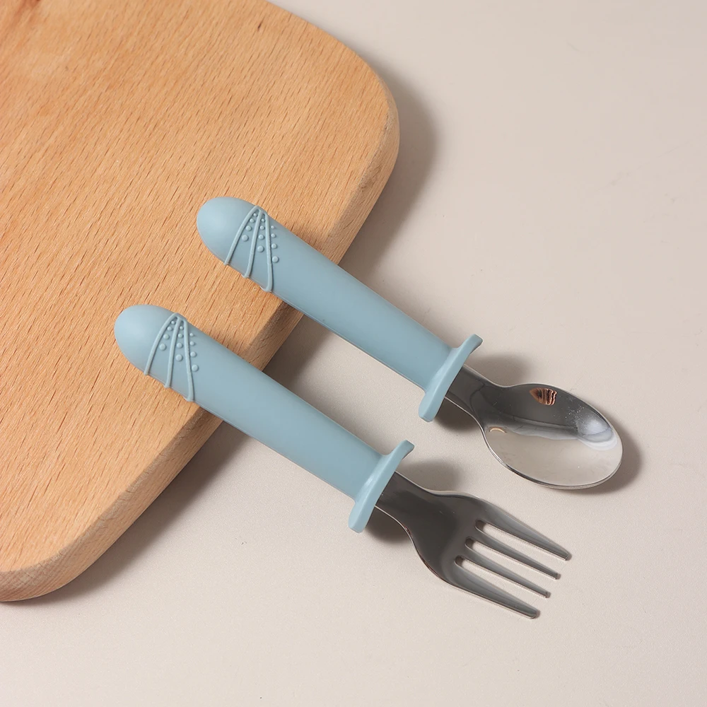 2025 food grade silicone spoon fork set  baby training learning tableware stainless steel long handle thumbnail 2