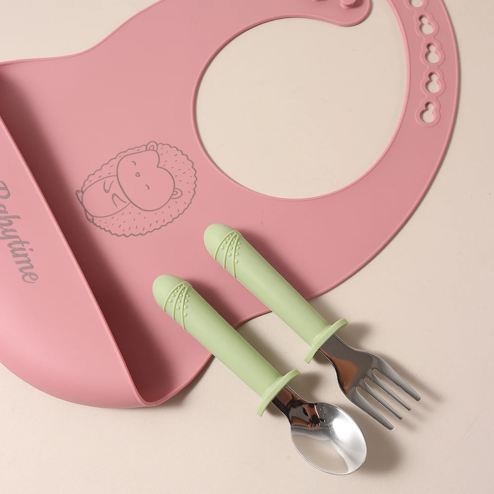 2025 food grade silicone spoon fork set  baby training learning tableware stainless steel long handle thumbnail 5