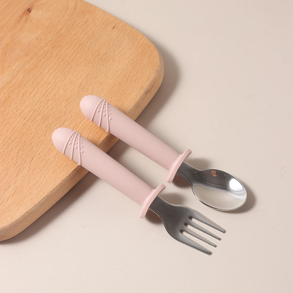 2025 food grade silicone spoon fork set  baby training learning tableware stainless steel long handle thumbnail 3