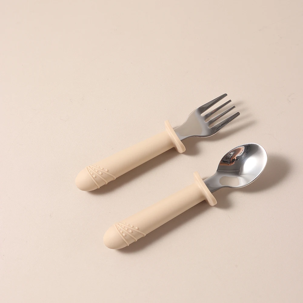 2025 food grade silicone spoon fork set  baby training learning tableware stainless steel long handle thumbnail 4