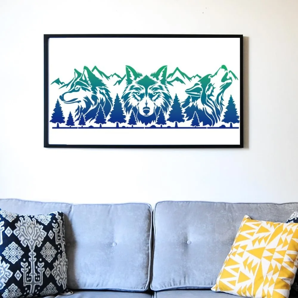 Wolf Mountain Forest Stencils 33x10 inch 3 Piece Set with Paint Brush Drawing Template for Wall Craft thumbnail 5