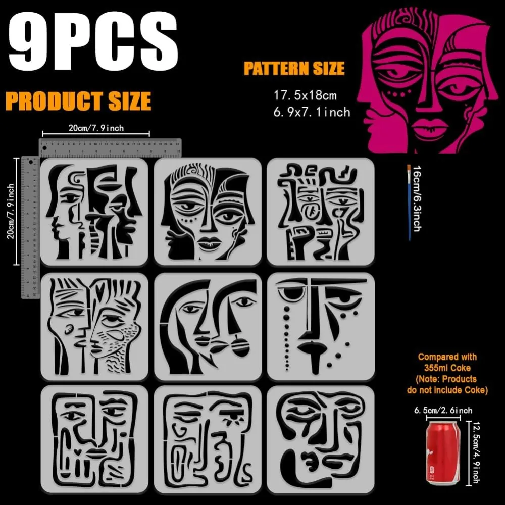 9 Pcs Abstract Face Painting Stencil with Paint Brush 7.87x7.87inch Geometric Faces Drawing Template Abstract Art DIY Decoration thumbnail 2