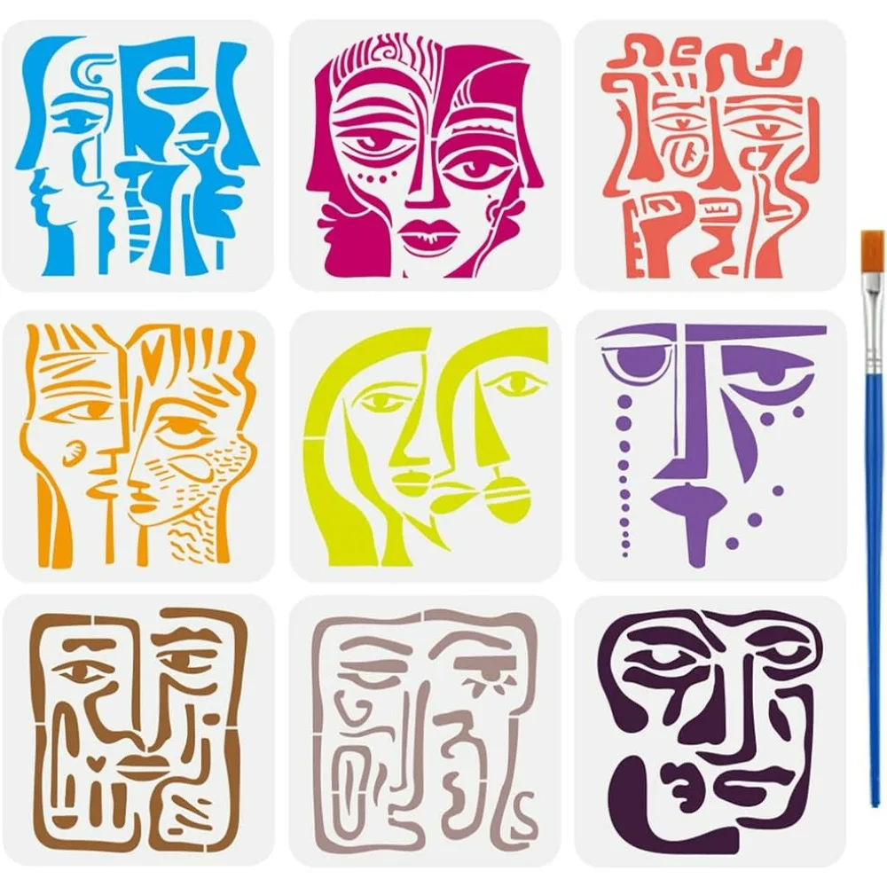9 Pcs Abstract Face Painting Stencil with Paint Brush 7.87x7.87inch Geometric Faces Drawing Template Abstract Art DIY Decoration