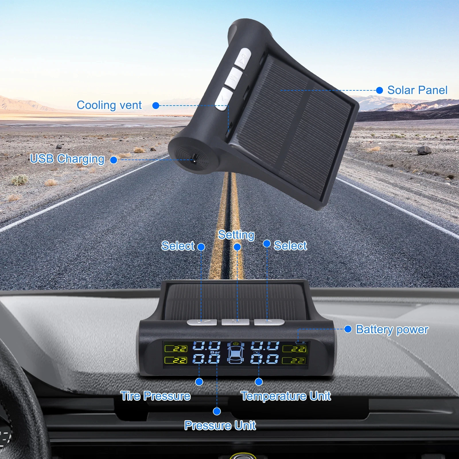 TPMS Solar Tire Pressure Sensor Car Tire Pressure Monitoring System with 4 Wheel Internal External Sensors TMPS thumbnail 5