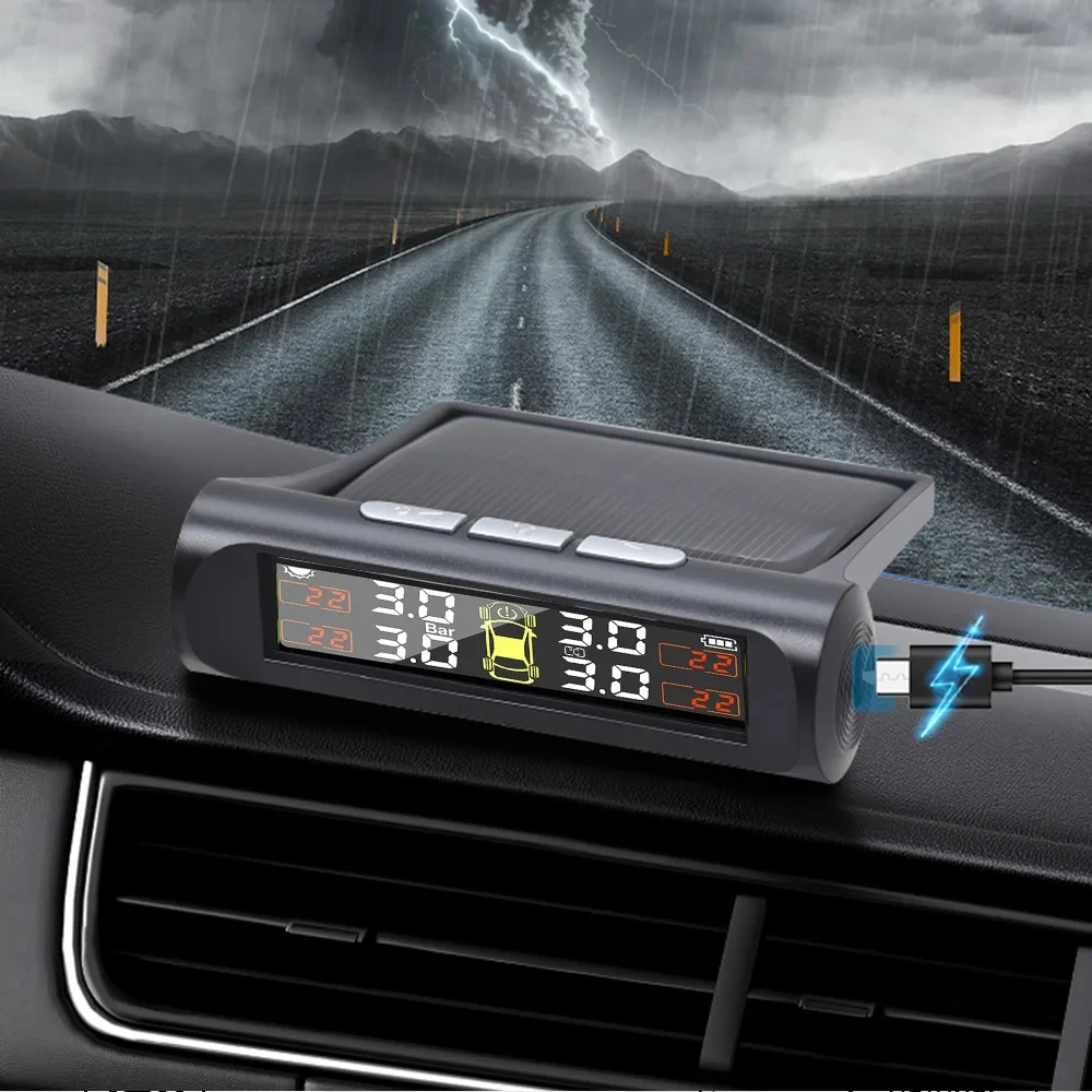 TPMS Solar Tire Pressure Sensor Car Tire Pressure Monitoring System with 4 Wheel Internal External Sensors TMPS thumbnail 2