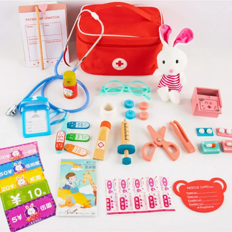 Pretend Play House Doctor Toy Wooden Medical Toolbox Dentist Set Simulation Play House Toy Role Playing Life Skill For Children thumbnail 2