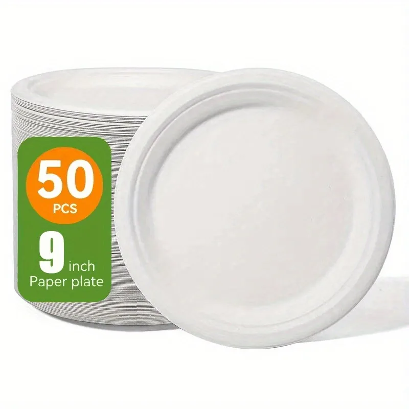 50PCS Disposable Round Plates Disposable Kitchen Dishes Barbecue Pasta Salad Noodle Desserts Restaurant Circular Paper Plates