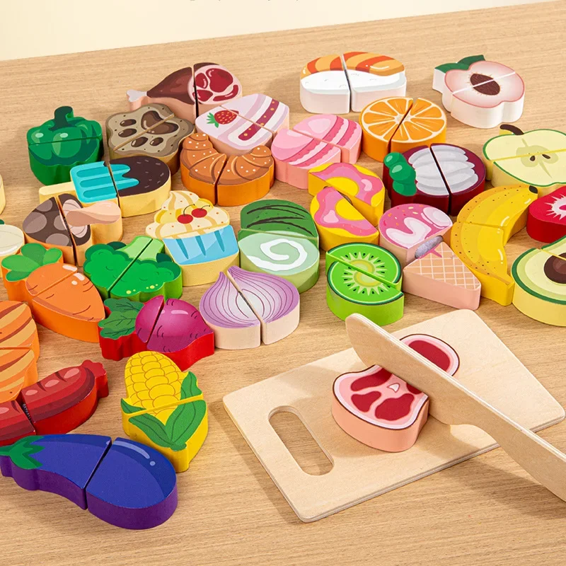 Simulation Kitchen Pretend Toy Wooden Classic Game Educational Toy For Children Kids Gift Cutting Fruit Vegetable Food Set thumbnail 2