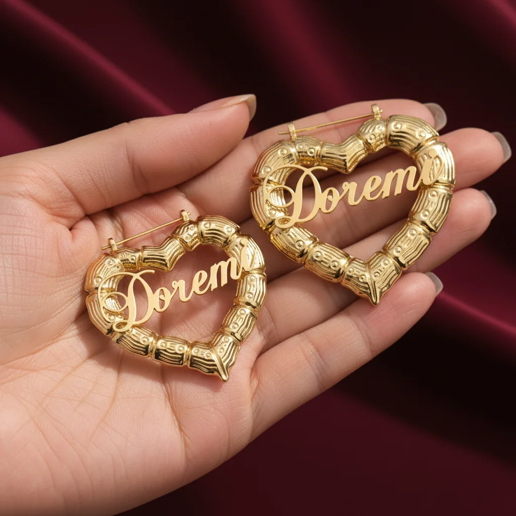 Custom Name Bamboo Earrings 18K Gold Plated Stainless Steel Personalized Hoop Earrings Gift for Her