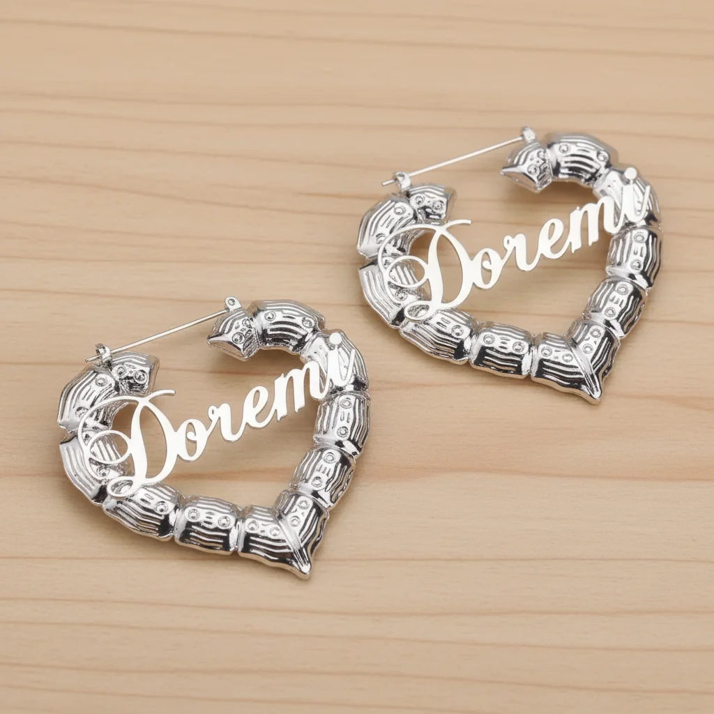 Custom Name Bamboo Earrings 18K Gold Plated Stainless Steel Personalized Hoop Earrings Gift for Her thumbnail 3