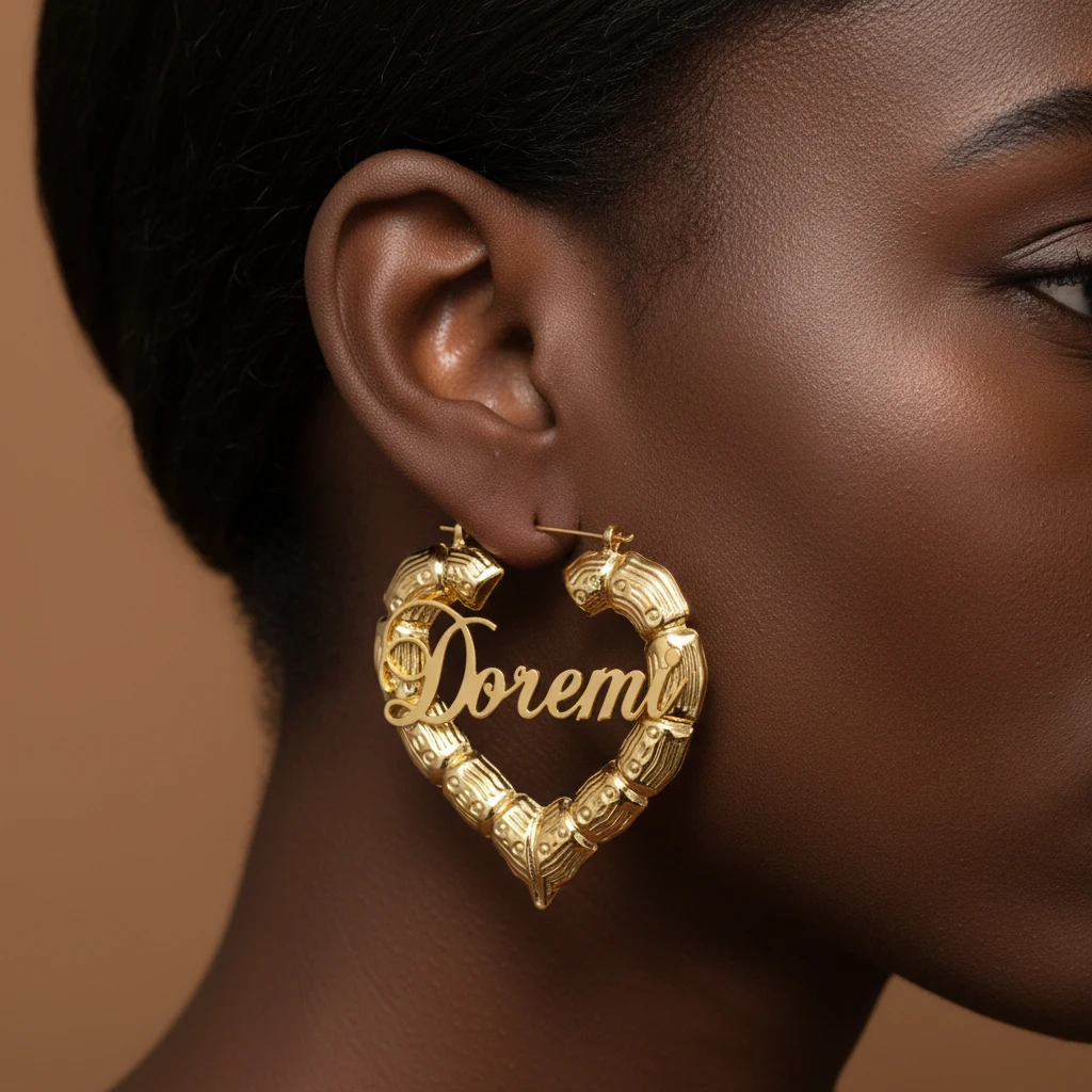 Custom Name Bamboo Earrings 18K Gold Plated Stainless Steel Personalized Hoop Earrings Gift for Her thumbnail 2