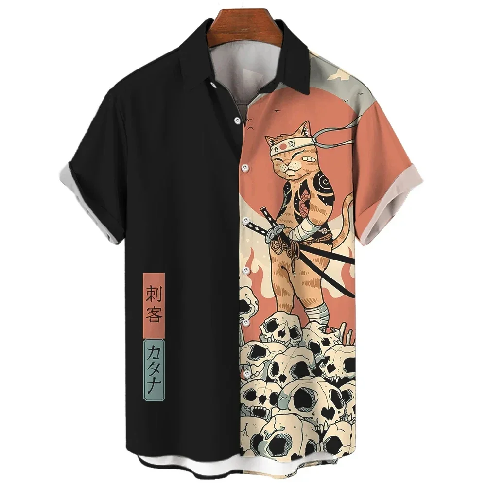 Fashion Men's Clothing Cool Samurai Cat Tops Summer New Men's Clothing Casual Short-Sleeved Anime Loose Blouse Hawaiian Shirts thumbnail 4