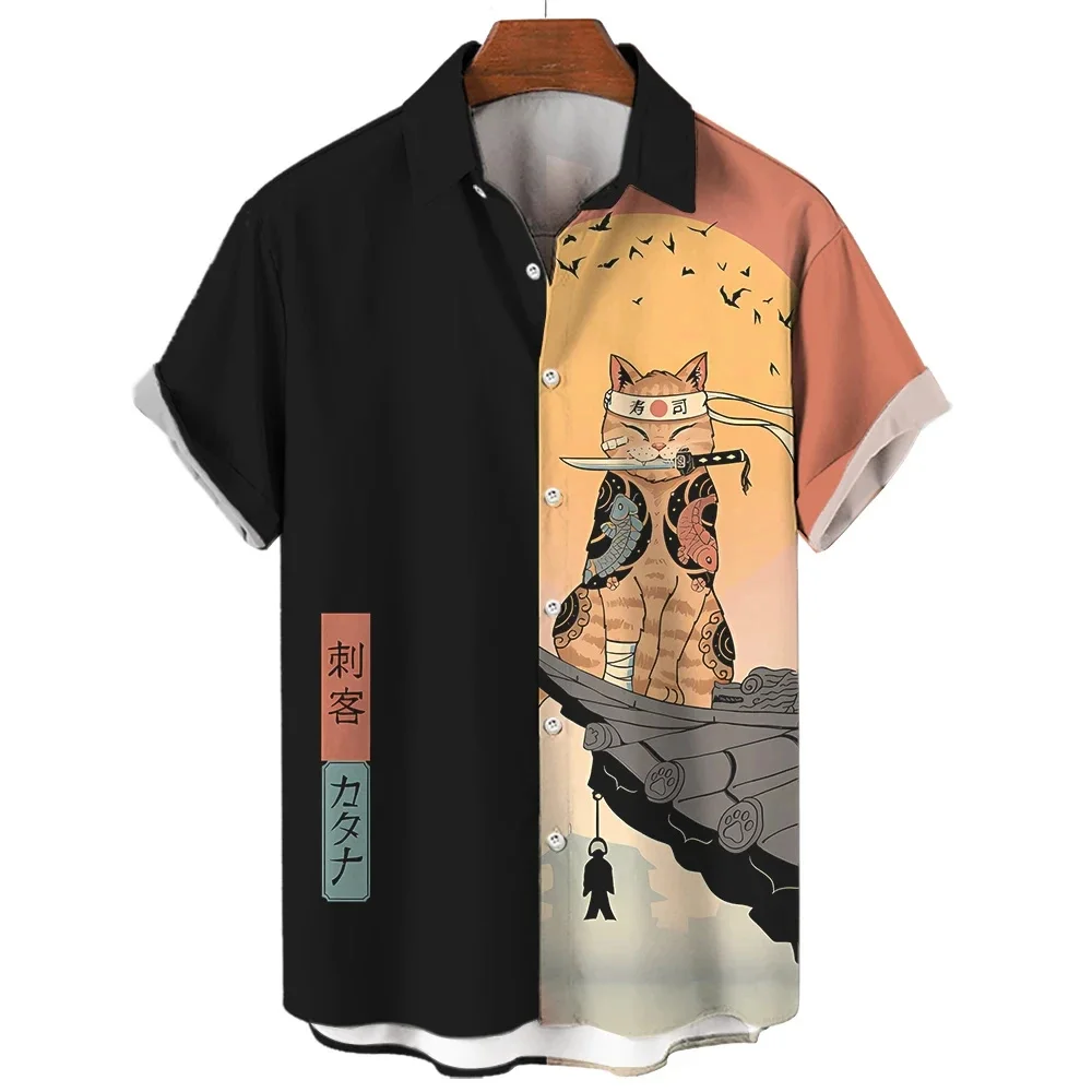 Fashion Men's Clothing Cool Samurai Cat Tops Summer New Men's Clothing Casual Short-Sleeved Anime Loose Blouse Hawaiian Shirts thumbnail 2