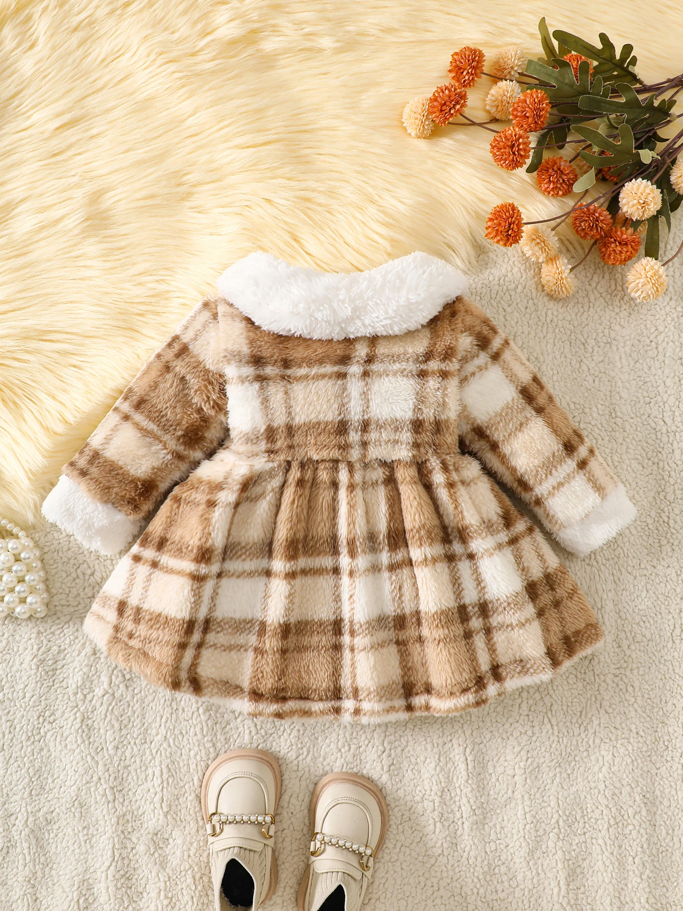 Baby Girl Plush Plaid Faux-Fur Dress with Peter Pan Collar – Winter Holiday Outfit thumbnail 2