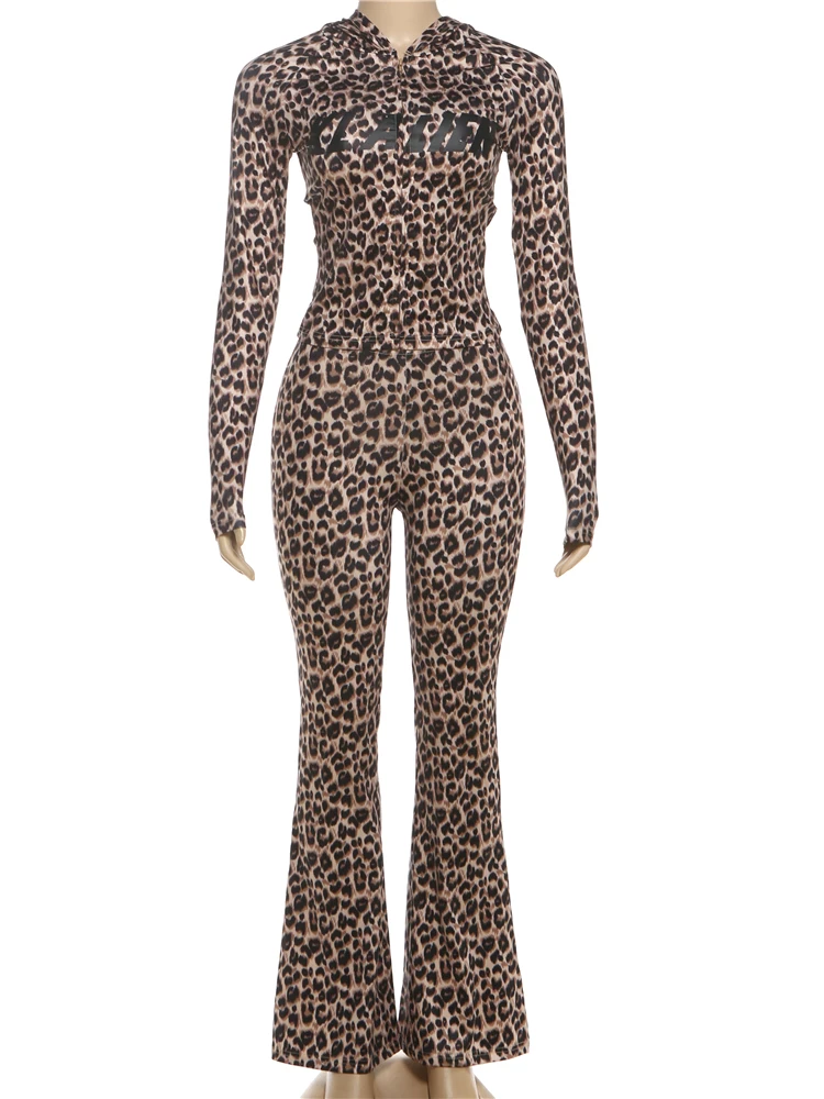 SiSterlinda Hooded 2 Piece Set Women Letter Leopard Zip Jacket+Flare Pants Casual Matching Stretch Sporty Streetwear Tracksuit thumbnail 6