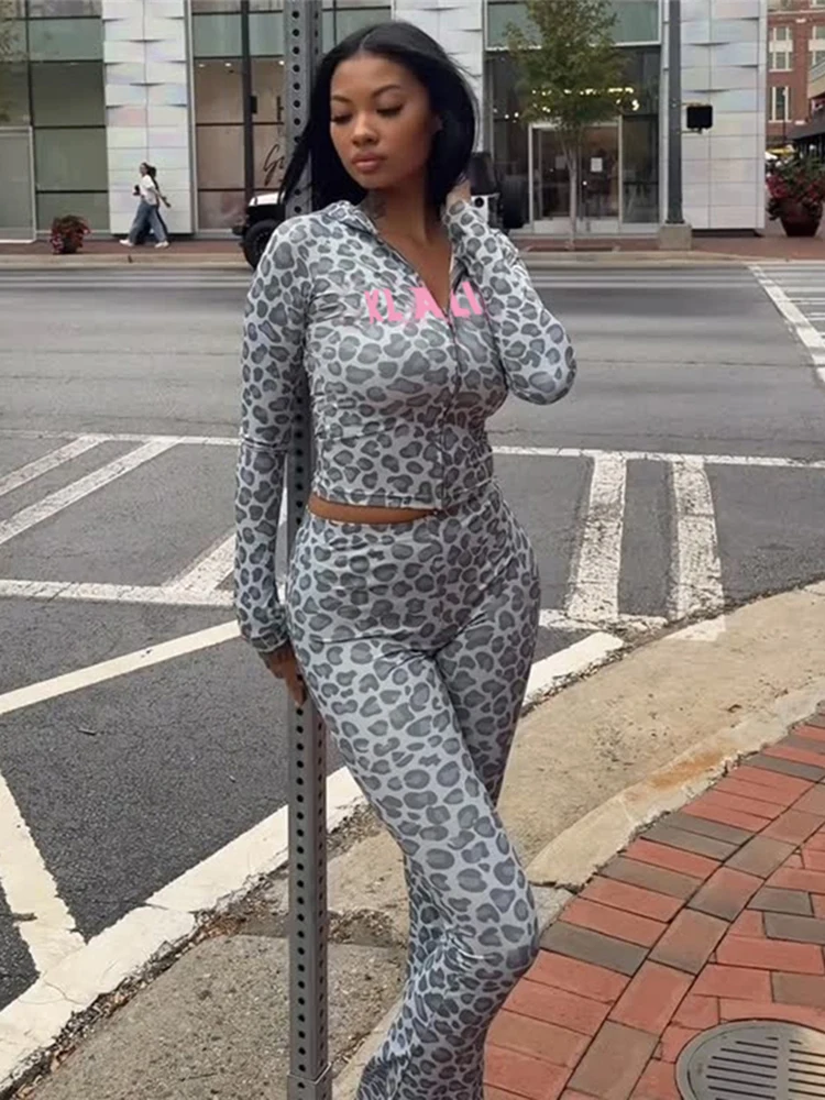 SiSterlinda Hooded 2 Piece Set Women Letter Leopard Zip Jacket+Flare Pants Casual Matching Stretch Sporty Streetwear Tracksuit thumbnail 3
