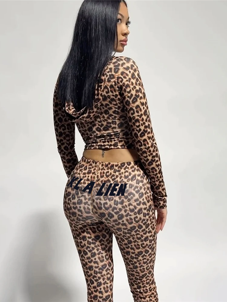 SiSterlinda Hooded 2 Piece Set Women Letter Leopard Zip Jacket+Flare Pants Casual Matching Stretch Sporty Streetwear Tracksuit thumbnail 2