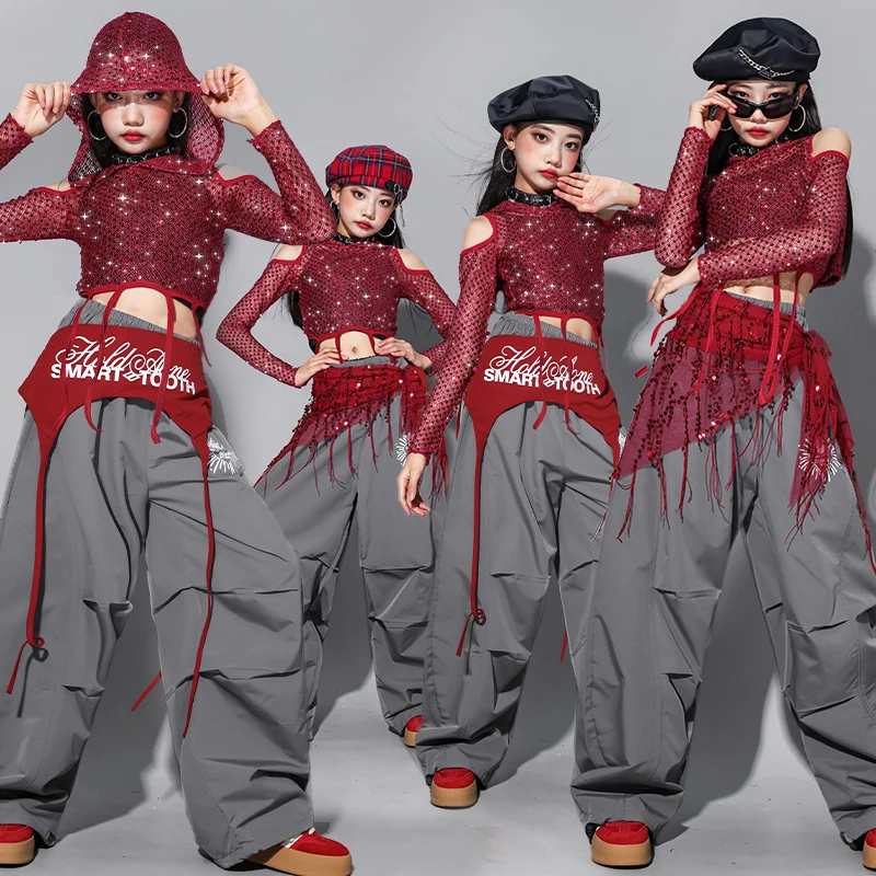 Girls K-pop Sequined Mesh Hoodie Tops Street Dance Cargo Pants Costume Kids Hip Hop Jazz Girl Group Clothes Set Child Streetwear