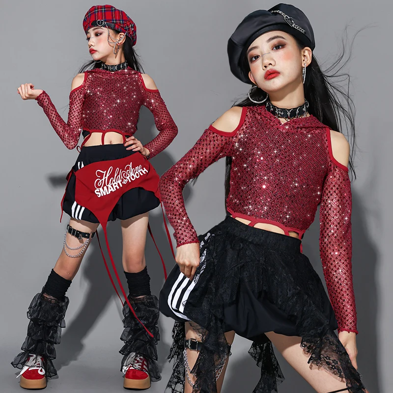 Girls K-pop Sequined Mesh Hoodie Tops Street Dance Cargo Pants Costume Kids Hip Hop Jazz Girl Group Clothes Set Child Streetwear thumbnail 4