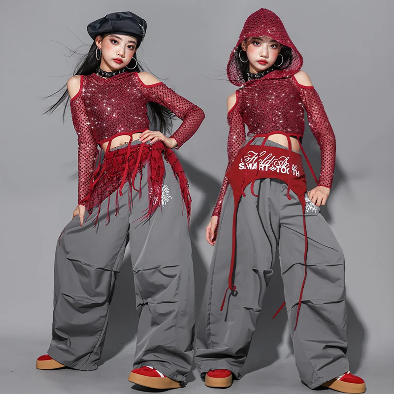 Girls K-pop Sequined Mesh Hoodie Tops Street Dance Cargo Pants Costume Kids Hip Hop Jazz Girl Group Clothes Set Child Streetwear thumbnail 3