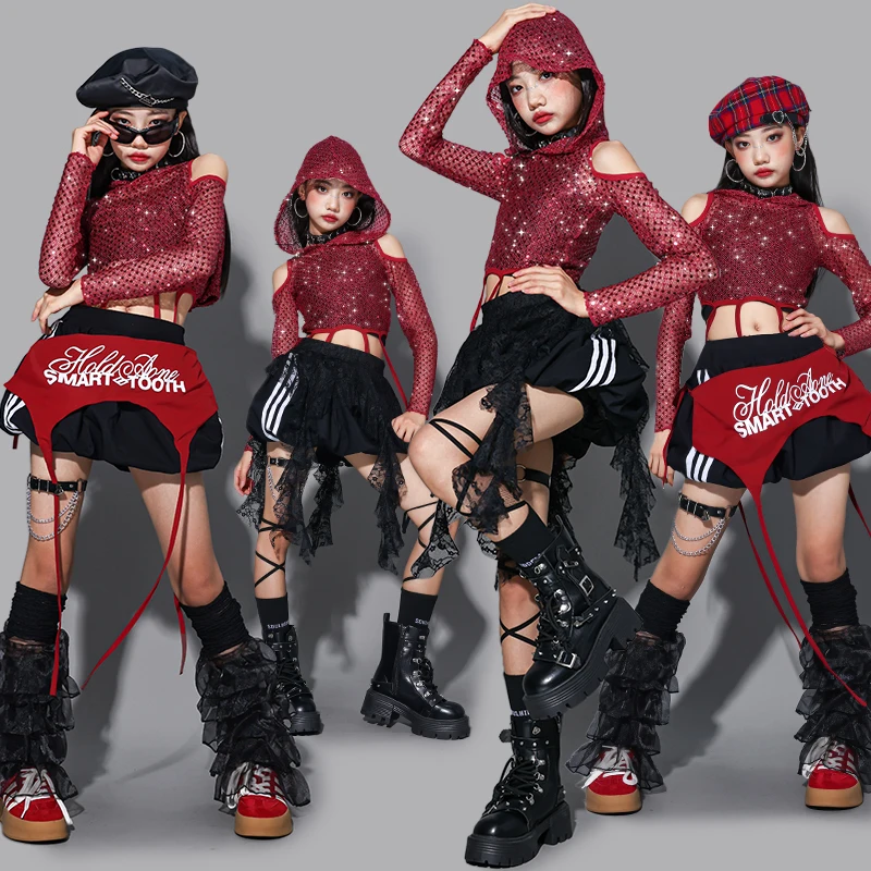 Girls K-pop Sequined Mesh Hoodie Tops Street Dance Cargo Pants Costume Kids Hip Hop Jazz Girl Group Clothes Set Child Streetwear thumbnail 2