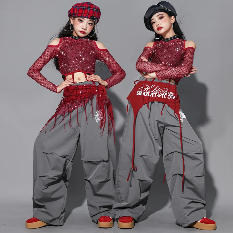Girls K-pop Sequined Mesh Hoodie Tops Street Dance Cargo Pants Costume Kids Hip Hop Jazz Girl Group Clothes Set Child Streetwear thumbnail 5