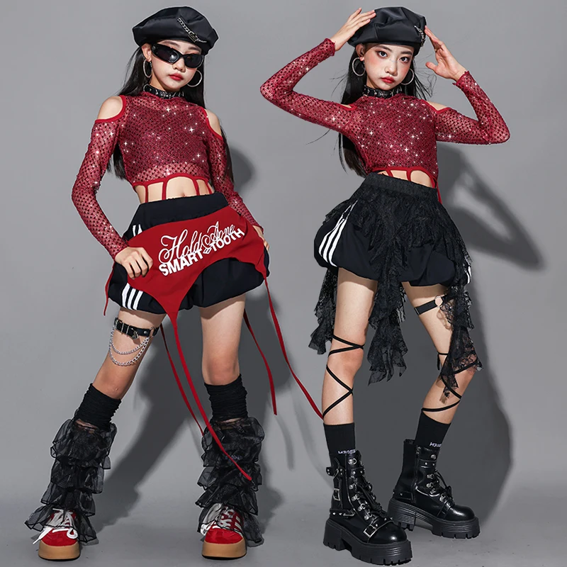 Girls K-pop Sequined Mesh Hoodie Tops Street Dance Cargo Pants Costume Kids Hip Hop Jazz Girl Group Clothes Set Child Streetwear thumbnail 6