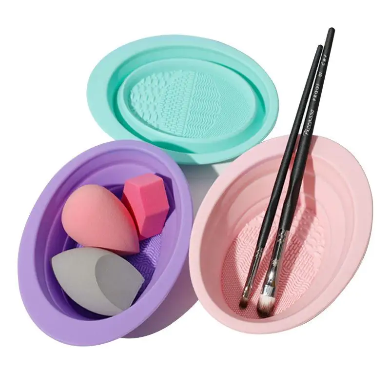 Folding Powder Puff Cleaning Bowl Eyeshadow Brushes Wash Clean Mat Beauty Tools Scrubber Box Soft Silicone Makeup Brush Cleaner thumbnail 2
