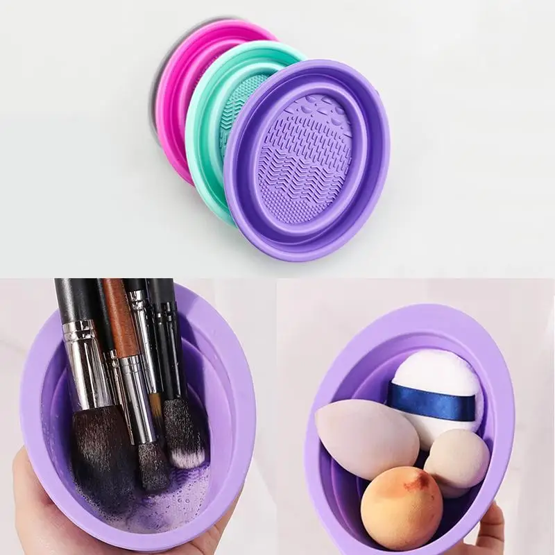 Folding Powder Puff Cleaning Bowl Eyeshadow Brushes Wash Clean Mat Beauty Tools Scrubber Box Soft Silicone Makeup Brush Cleaner thumbnail 5