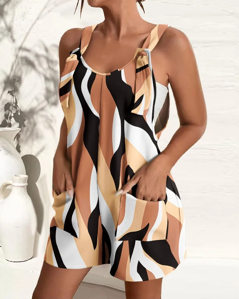 Women's Sleeveless Jumpsuit with Abstract Print and Pockets - Summer Casual Loose Fit Romper with Adjustable Straps thumbnail 2