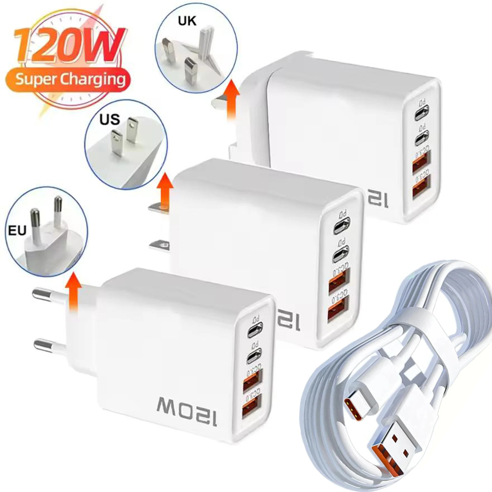 120W Quick Charger PD 4 Ports USB C Charger Type C USB Phone Charger Fast Charging Adapter for Samsung iPhone Huawei Xiaomi NEW thumbnail 2