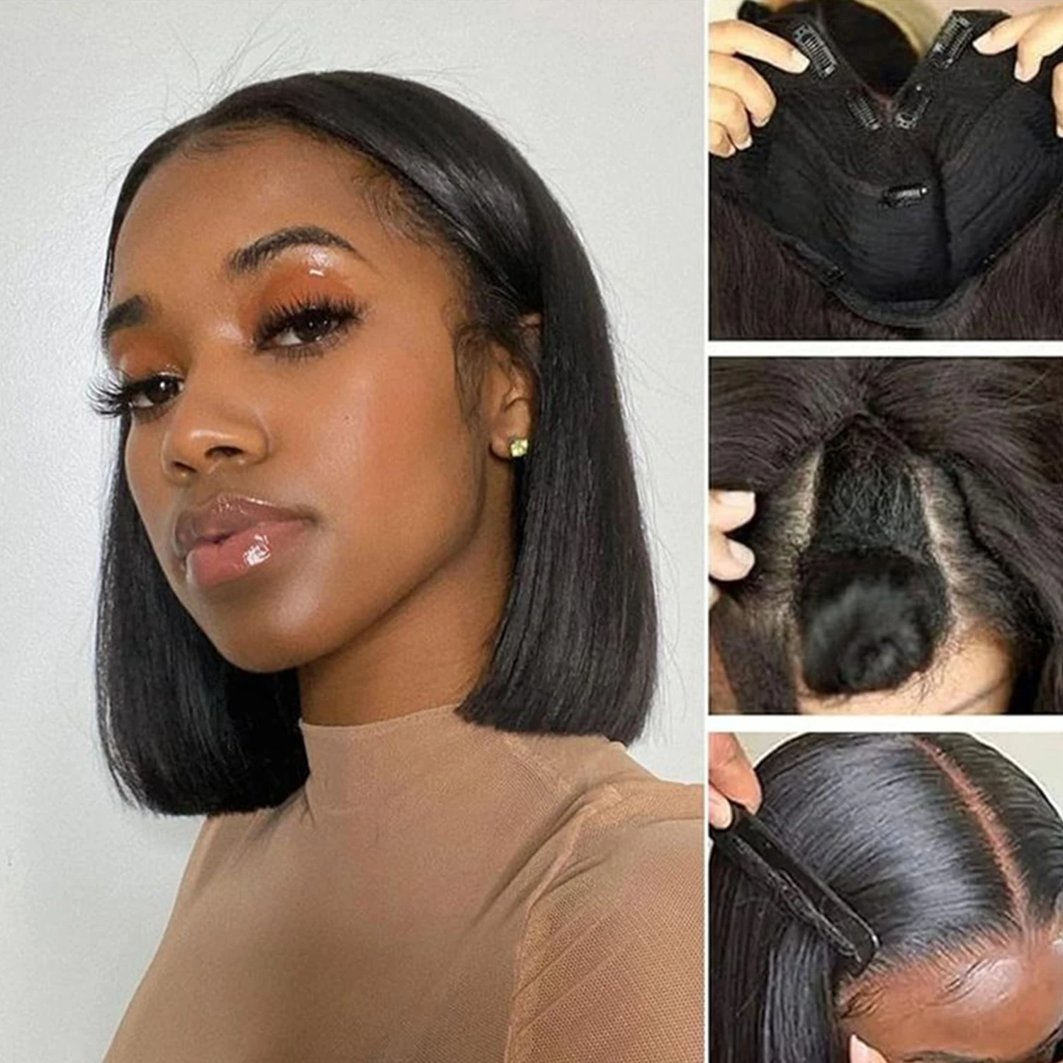 Glueless Wig Short Bob Human Hair Wigs Clip in V Part Wig Human Hair Extensions No Leave Out Wigs For Women Natural Black Color