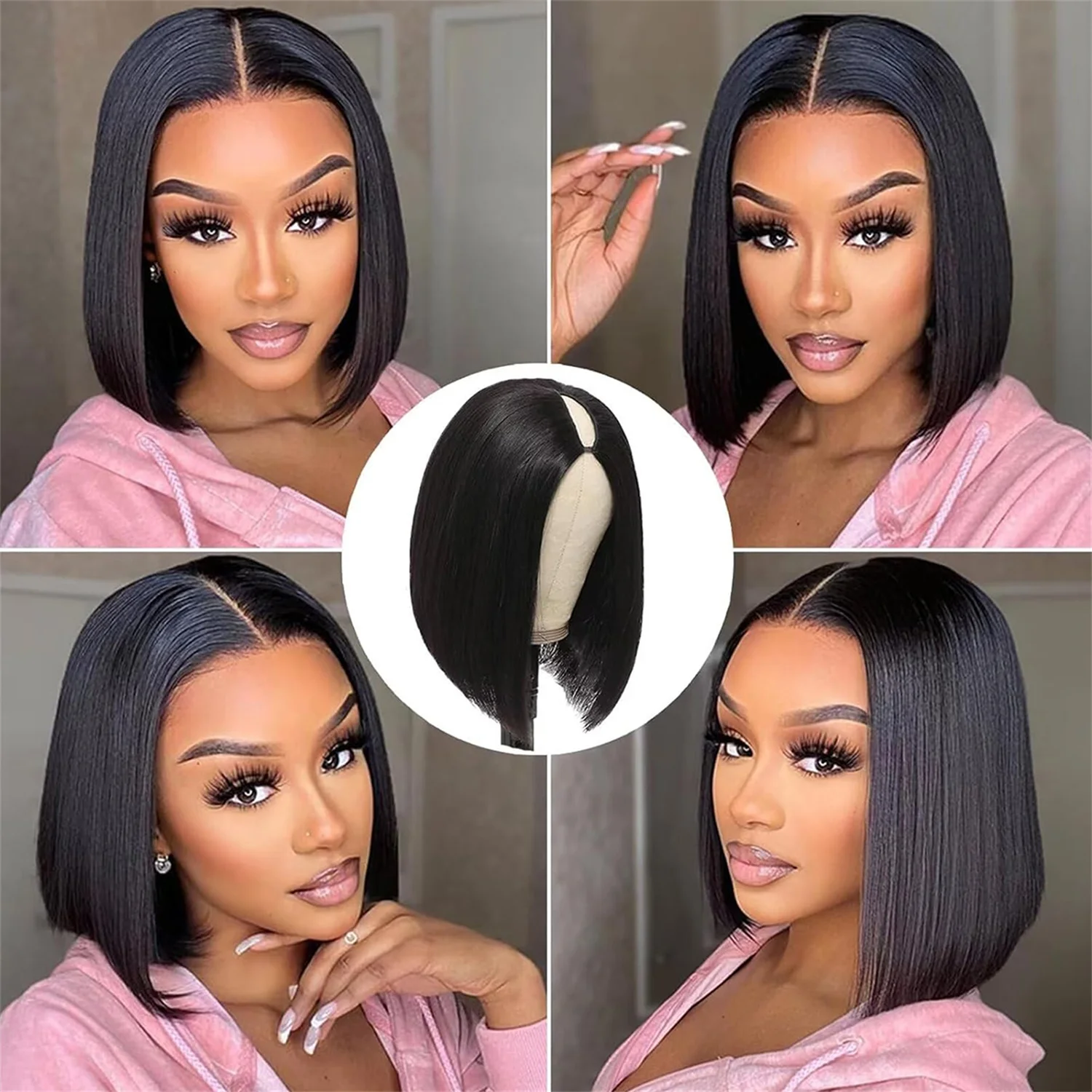 Glueless Wig Short Bob Human Hair Wigs Clip in V Part Wig Human Hair Extensions No Leave Out Wigs For Women Natural Black Color thumbnail 2