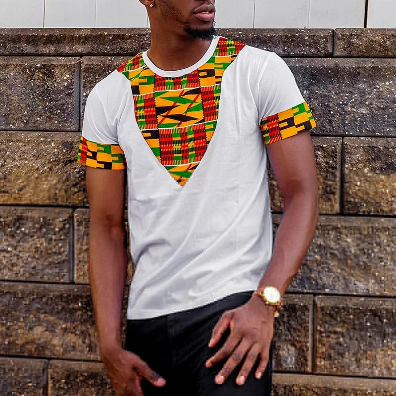 Men's African Kente Pattern T-Shirt Black Slim Fit Ethnic Casual Short Sleeve Fashion Top thumbnail 2