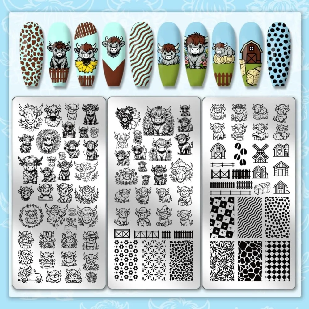 3pcs Highland Cow Theme Nail Stamping Plates Rustic Farms Nail Art Templates Animal Manicure Art Stencils Texture Pattern thumbnail 3