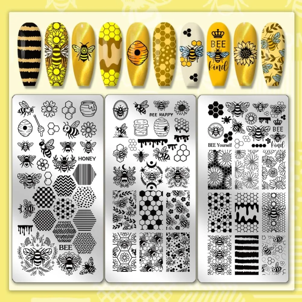 3pcs Bee Theme Nail Stamping Plates Sweet Honeycomb Nails Art Stencils Honey Beehive Manicure Art Templates Sunflowers thumbnail 3