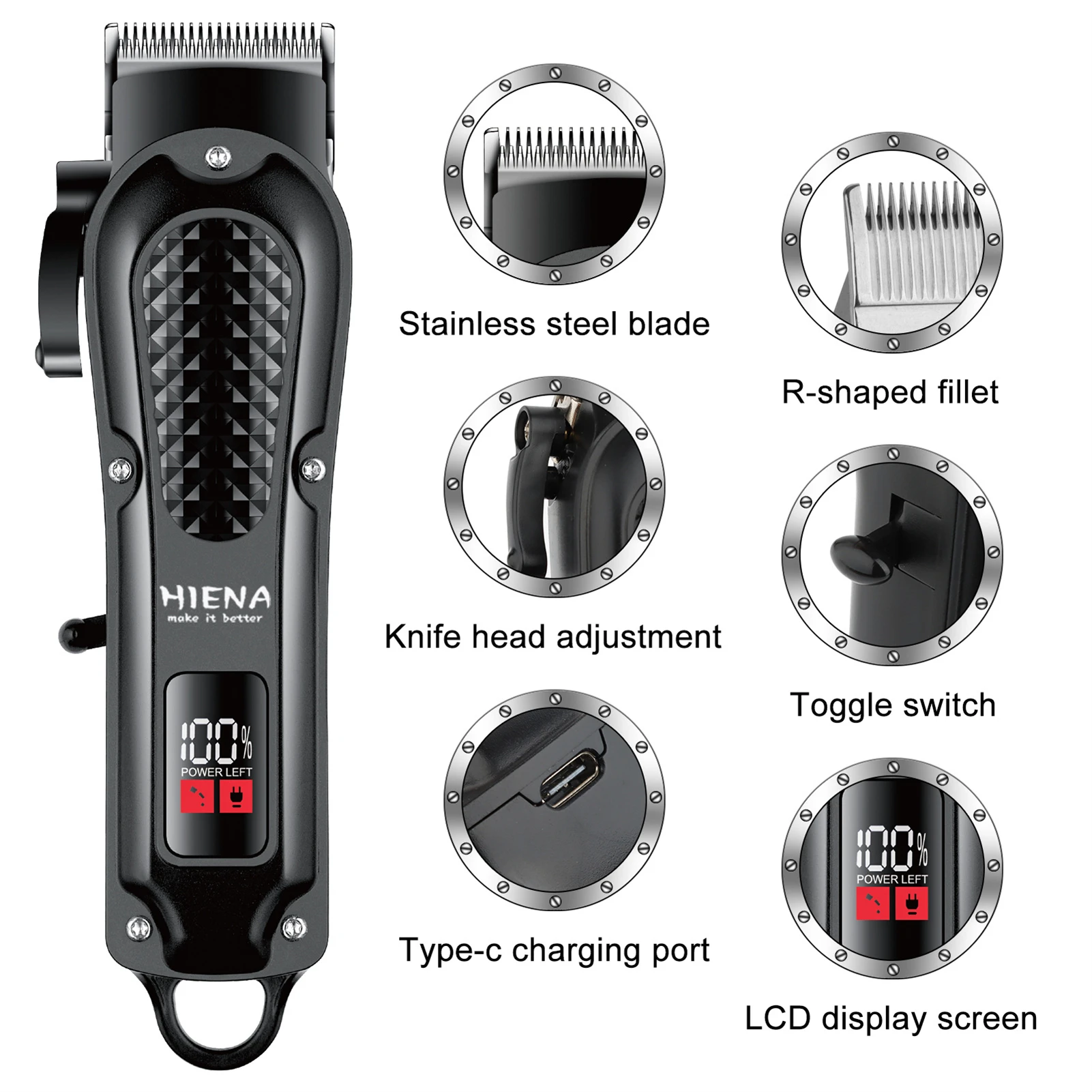 HIENA Professional Barber Clippers UBS 5V1A Rechargeable Low Noise Hair Trimmer for Men Daily Hair Styling Use thumbnail 2