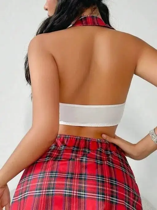 Sexy Schoolgirl Costume Sets White Lace Up Crop Top Red Plaid Mini Skirt With Bowknot Pure Desire Charming Skirt Sets Sweet 3KHF thumbnail 3