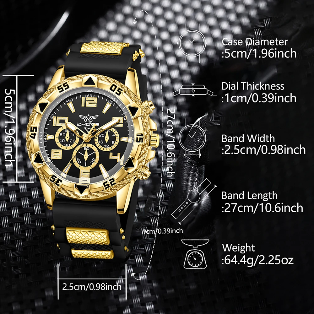 4PPC Black Men's Watch Set Fashion Trend Quartz Watch Bracelet Necklace Ring Set Perfect Gift for Friends or Bar Dad thumbnail 6