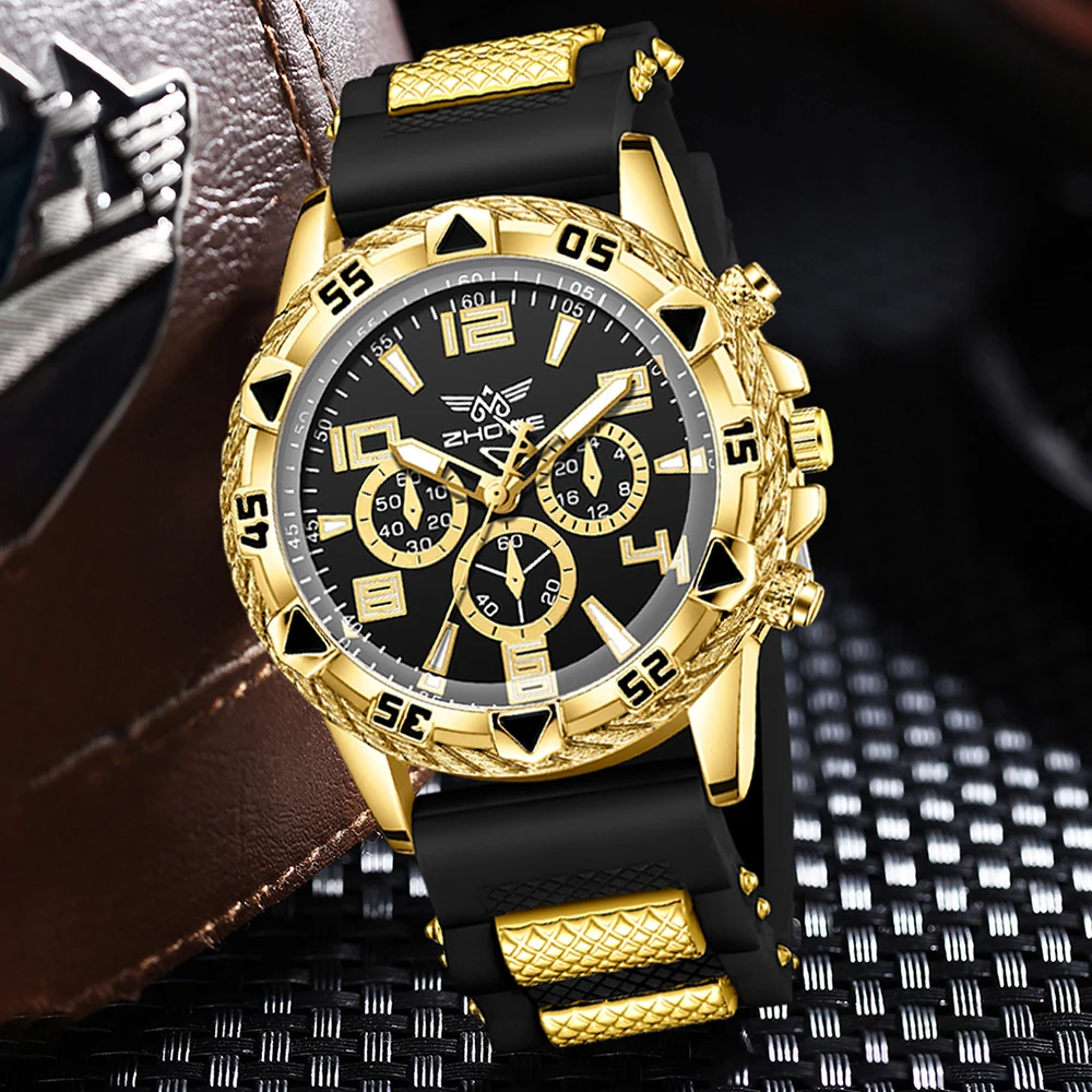 4PPC Black Men's Watch Set Fashion Trend Quartz Watch Bracelet Necklace Ring Set Perfect Gift for Friends or Bar Dad thumbnail 4