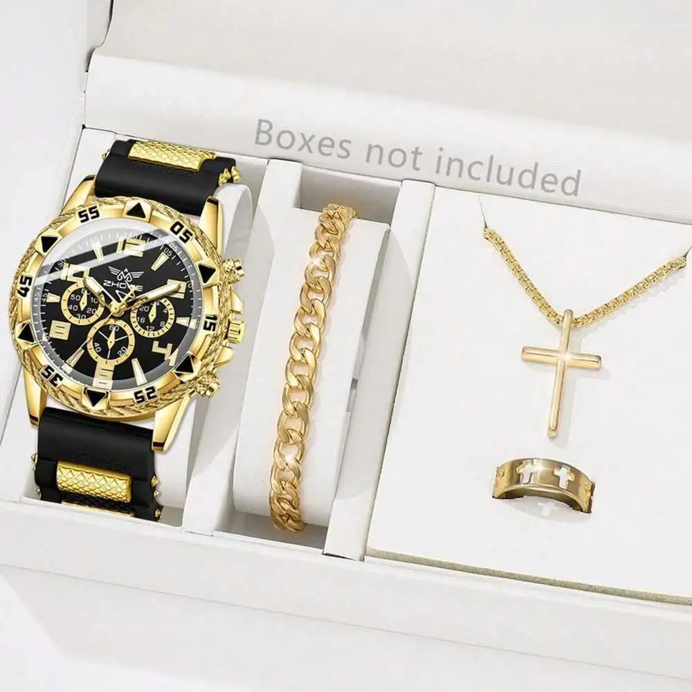4PPC Black Men's Watch Set Fashion Trend Quartz Watch Bracelet Necklace Ring Set Perfect Gift for Friends or Bar Dad thumbnail 2