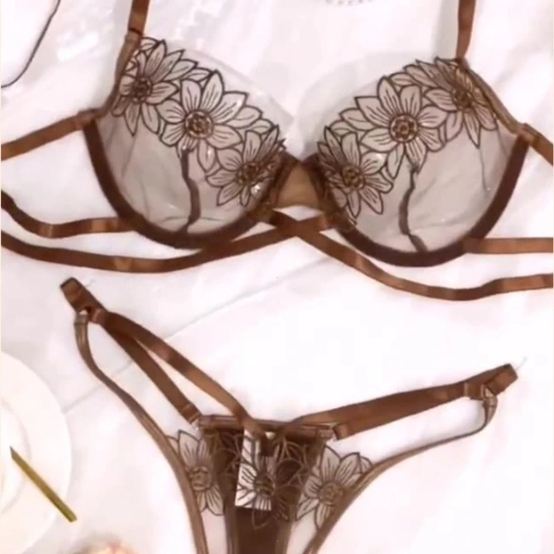High-End Floral Embroidered Underwire Bra Set, Women's Mesh Unlined Bra + Panties thumbnail 5