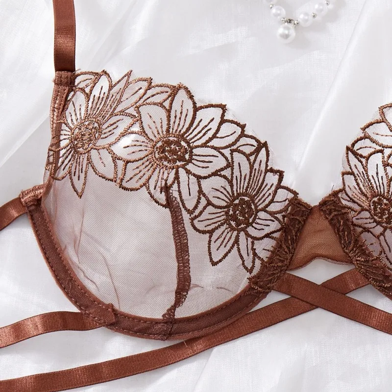 High-End Floral Embroidered Underwire Bra Set, Women's Mesh Unlined Bra + Panties thumbnail 3
