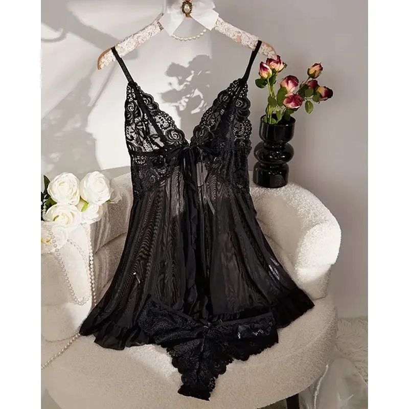 Summer Soft Sheer Nighty Pajamas Nightgowns Dark Green Halter Dress Women Sleepwear Sexy Nightdress Thong Sets thumbnail 3