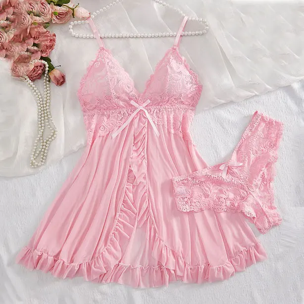 Summer Soft Sheer Nighty Pajamas Nightgowns Dark Green Halter Dress Women Sleepwear Sexy Nightdress Thong Sets thumbnail 4