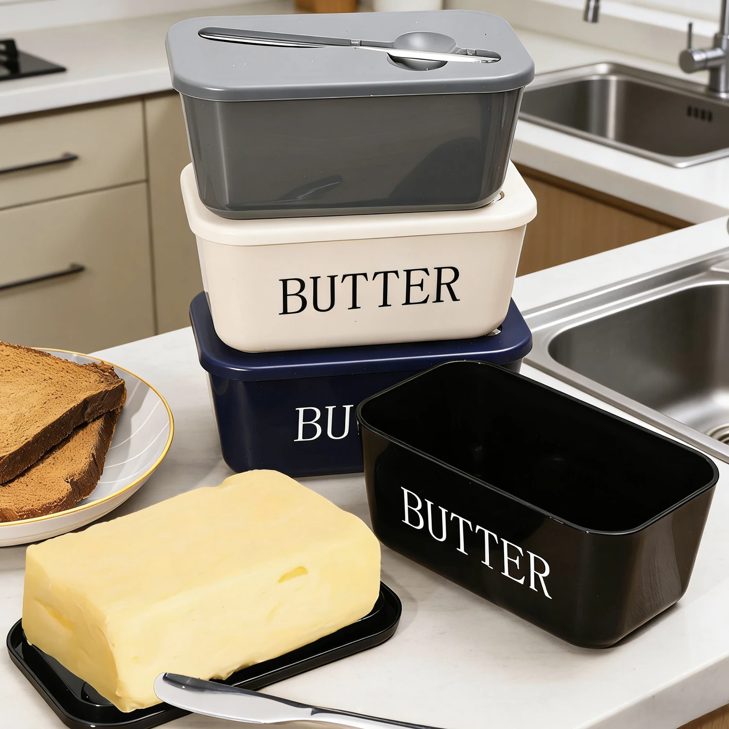 Butter Container Box with Stainless Steel Knife Restaurant Sealed Storage Box Refrigerator Cheese Container Kitchen Tableware thumbnail 4